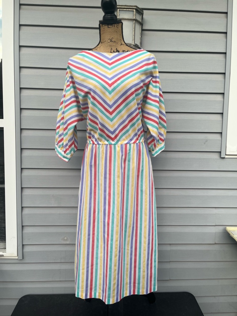 Vintage 80s Multicolor Rainbow Striped Pastel Midi Dress